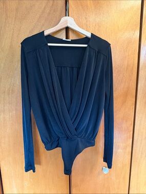 Free People Black Long-Sleeve Surplice Bodysuit